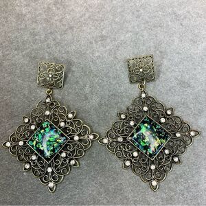 SQUARE brass tone filagree Crystal Rhinestone dangling earrings